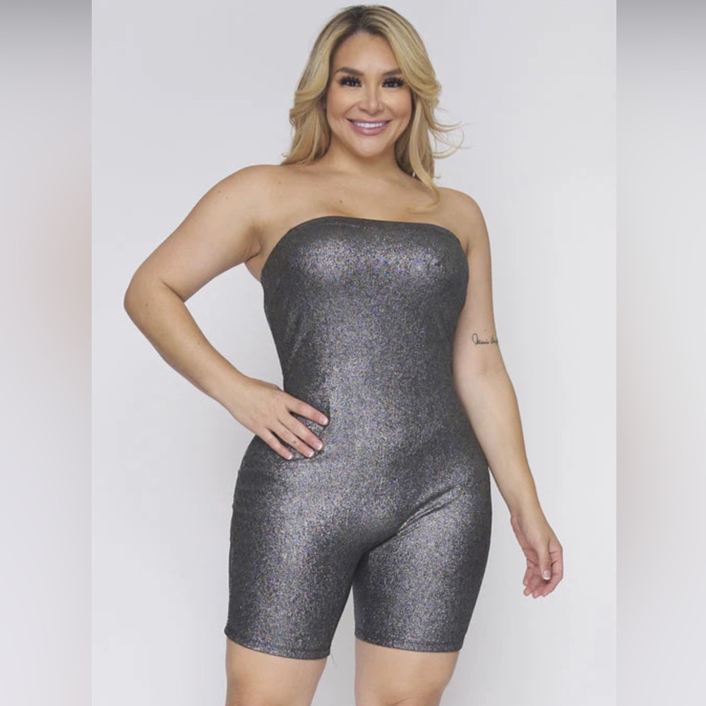 Plus Size| Shimmer strapless romper - biker shorts style .